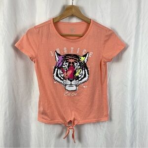 Justice Girl Kids Orange Short Sleeve Tiger Graphic Tee Front Tie Size Medium